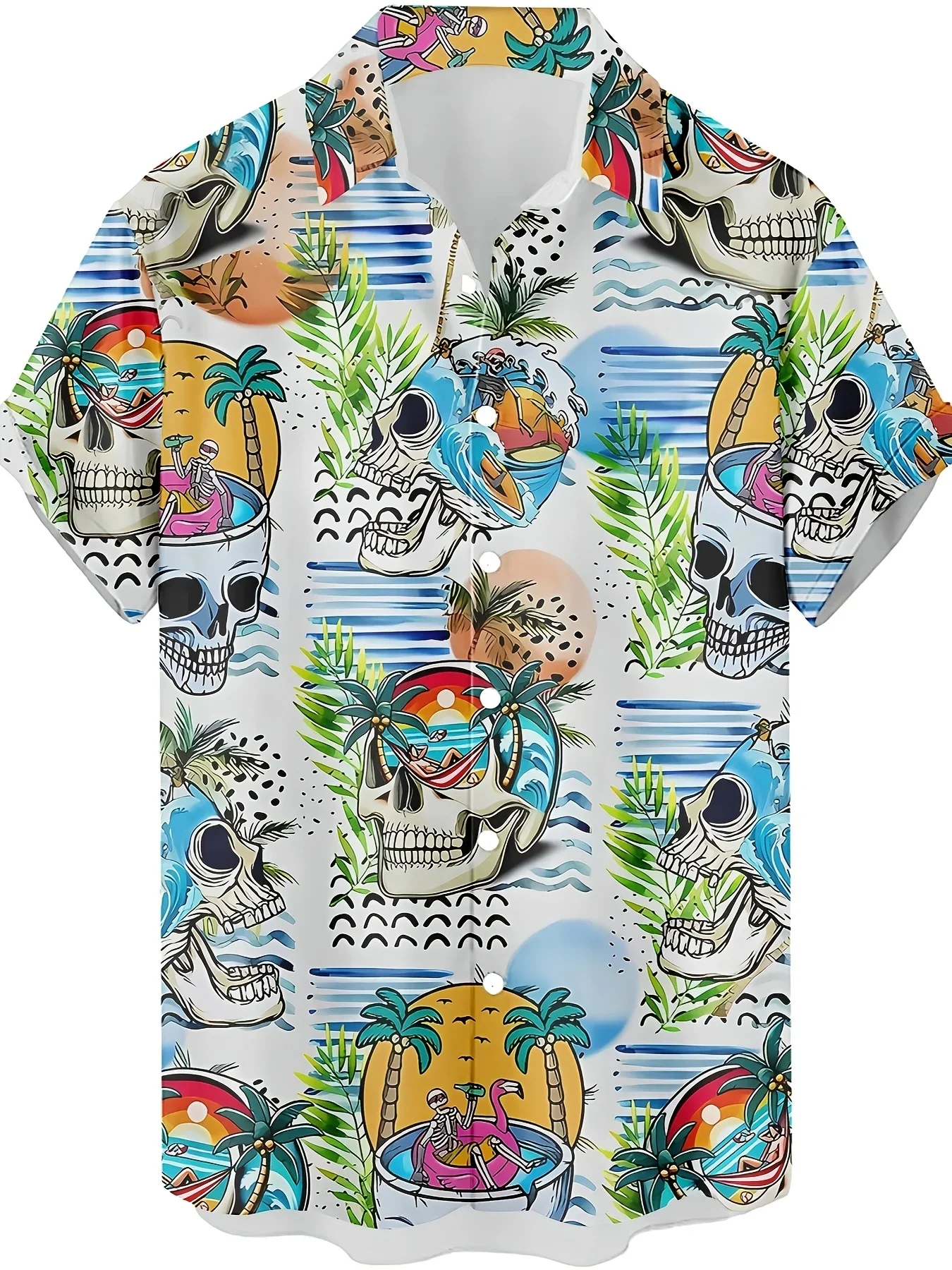 Men Blue Hawaiian Shirt Pirate Skull Parrot Palm Tree Print Camp Collar Short Sleeve Summer Beach Casual Shirt