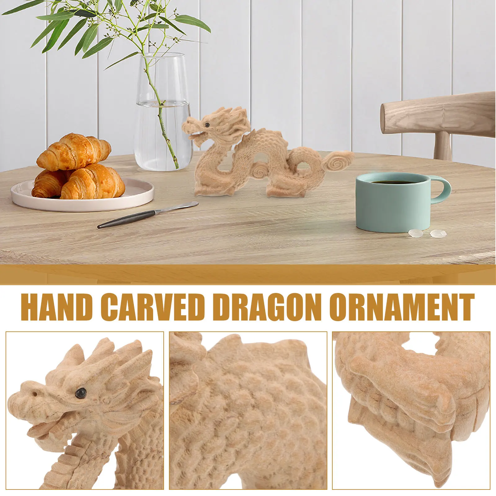 Wood Dragon Sculpture Chinese Decor for Desk Shelf Table Living Room Office Auspicious Wealth Prosperity Ornament