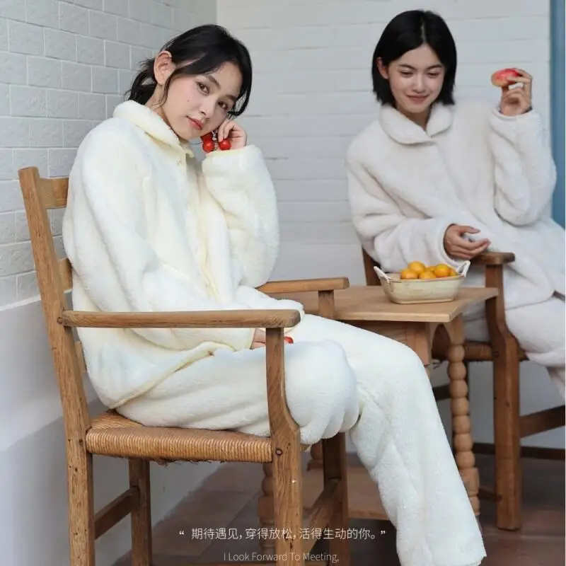 

Women's Pajama Set Girl Winter Homewear Flannel Pajamas Set for Women Cozy Fleece Loungewear with Lapel Thick Warm Winter
