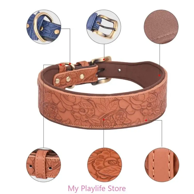 Leather Dog Collars for Walking Soft Wide Padding Embossed Collars for Medium Large Breeds Pet Training Collar Accessories