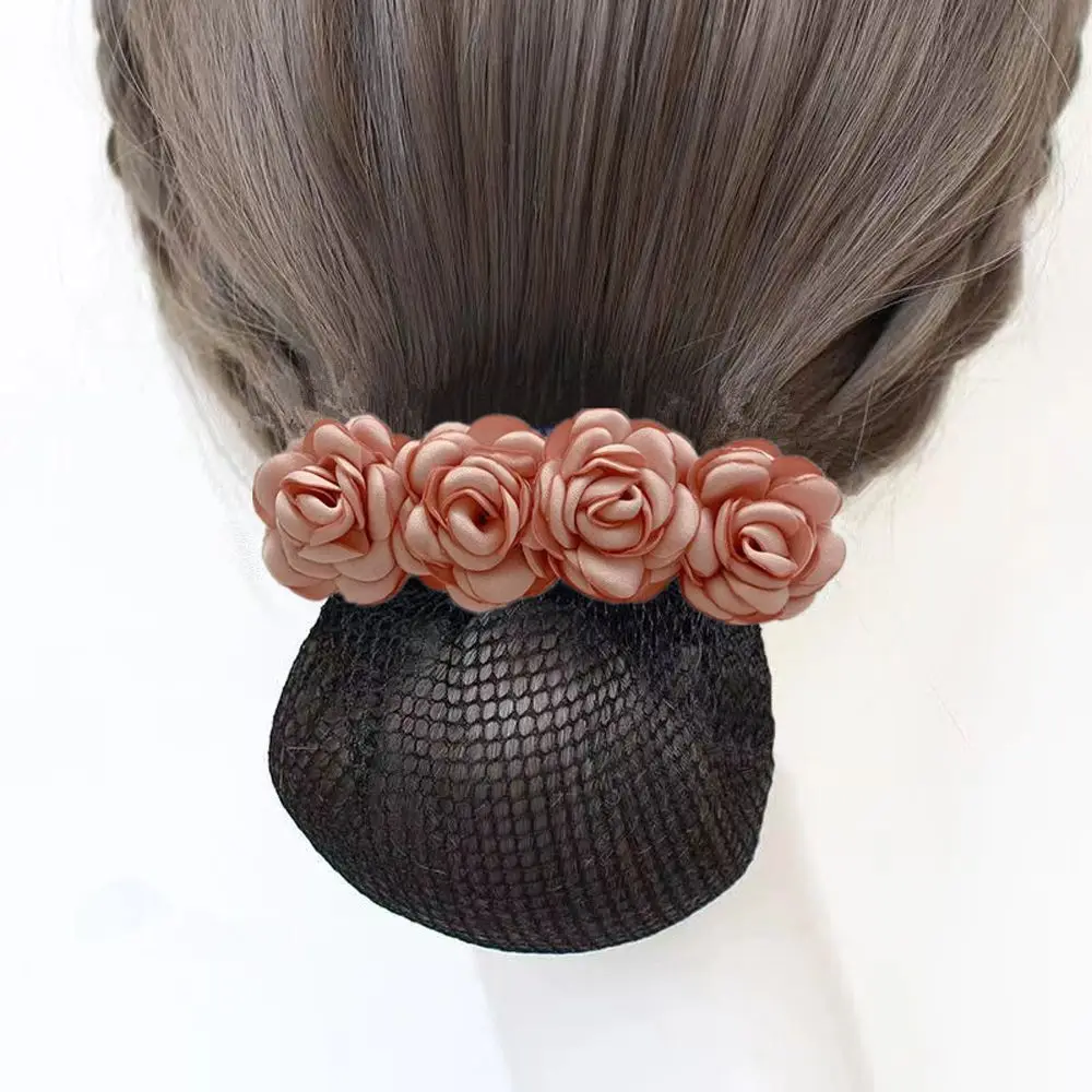 Mesh Flower Bun Net para mulheres, pessoal Crochet Bun Net, Hairpin estilo coreano, cocar rosa, clipe de primavera, Flower Bun Net Snood, presente do dia