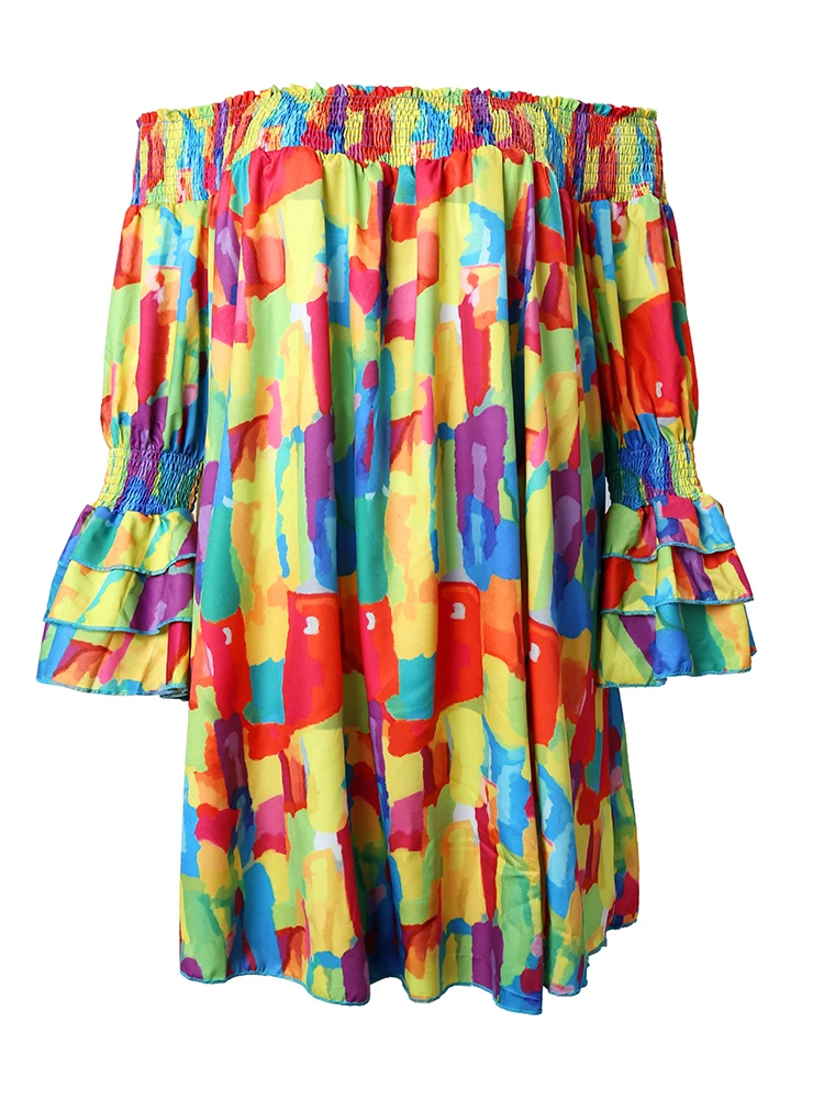 Plus Size Melting Colors All-over Print Off Shoulder Casual Dress