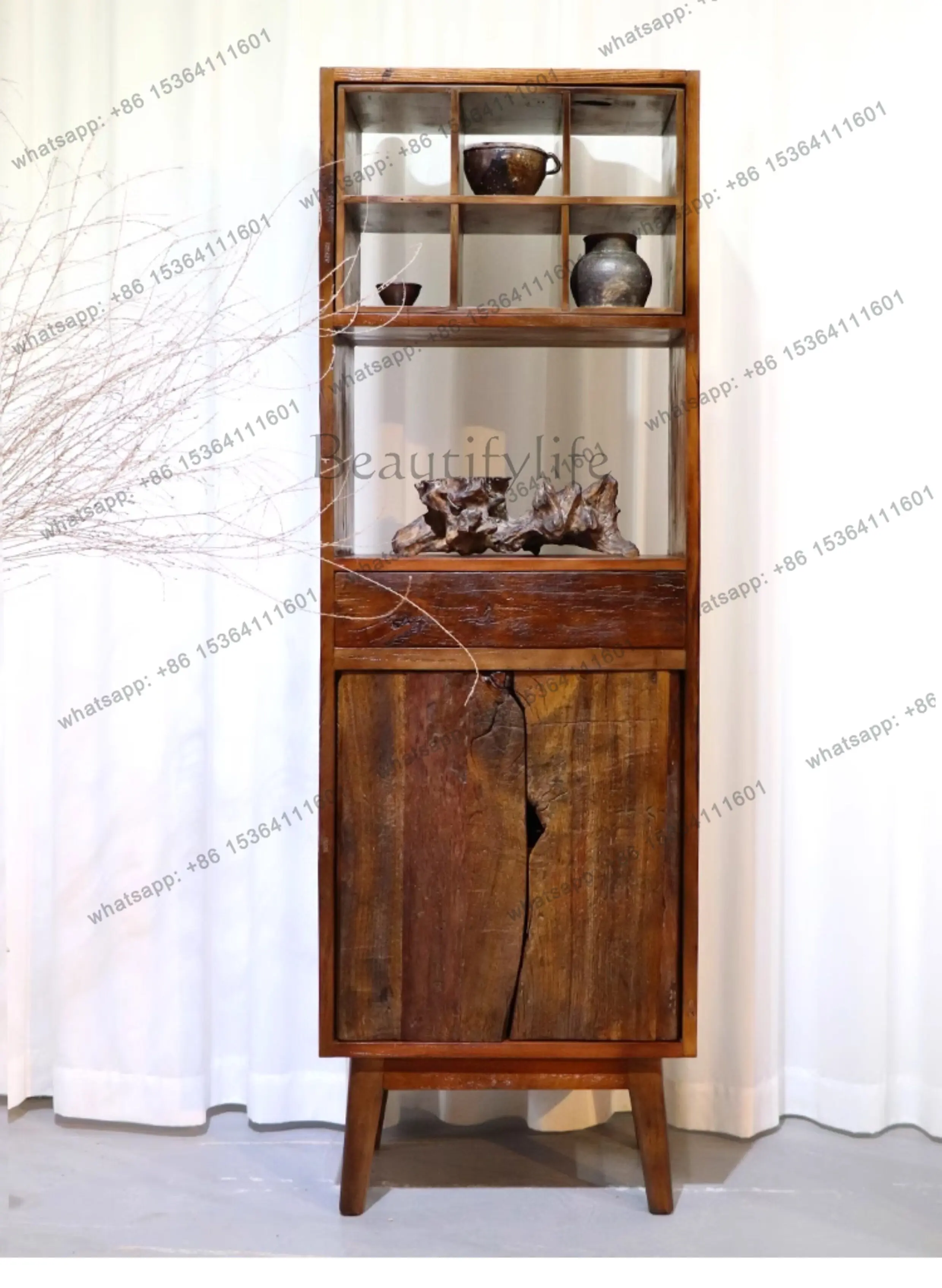 FG wabi-sabi wind side cabinet solid wood tea room tea set rack double door vertical cabinet