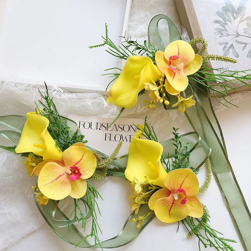 25021 Juego de pulsera y ramillete de flores rosas bohemias amarillas: perfecto para novias, padrinos de boda y decoraciones de boda