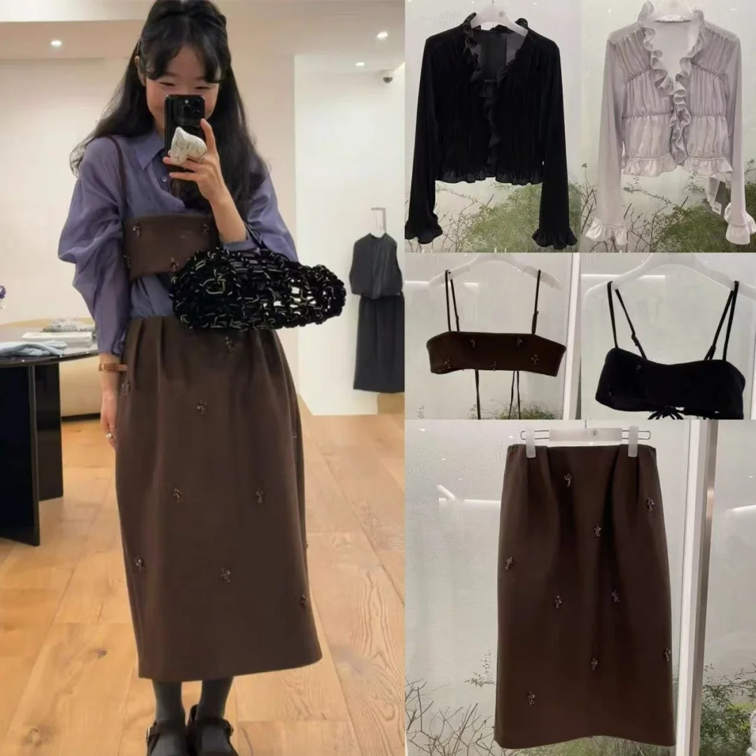 

Atelier Edition Wool Blend Knit f Skirt with Flower Embelliments And Belt Women's Faion Set Polyester Fabric Simple Sle