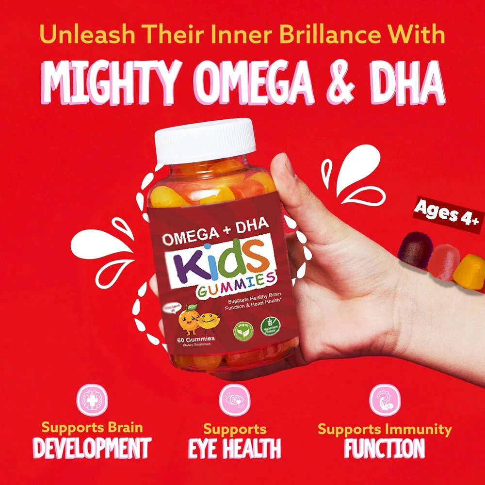 

Kids Multivitamin Gummies for Ages 4+, Vegan, Organic with Omega 3 6 9 & DHA & Vitamins C Brain Gummies for Teen, 60 Gummies