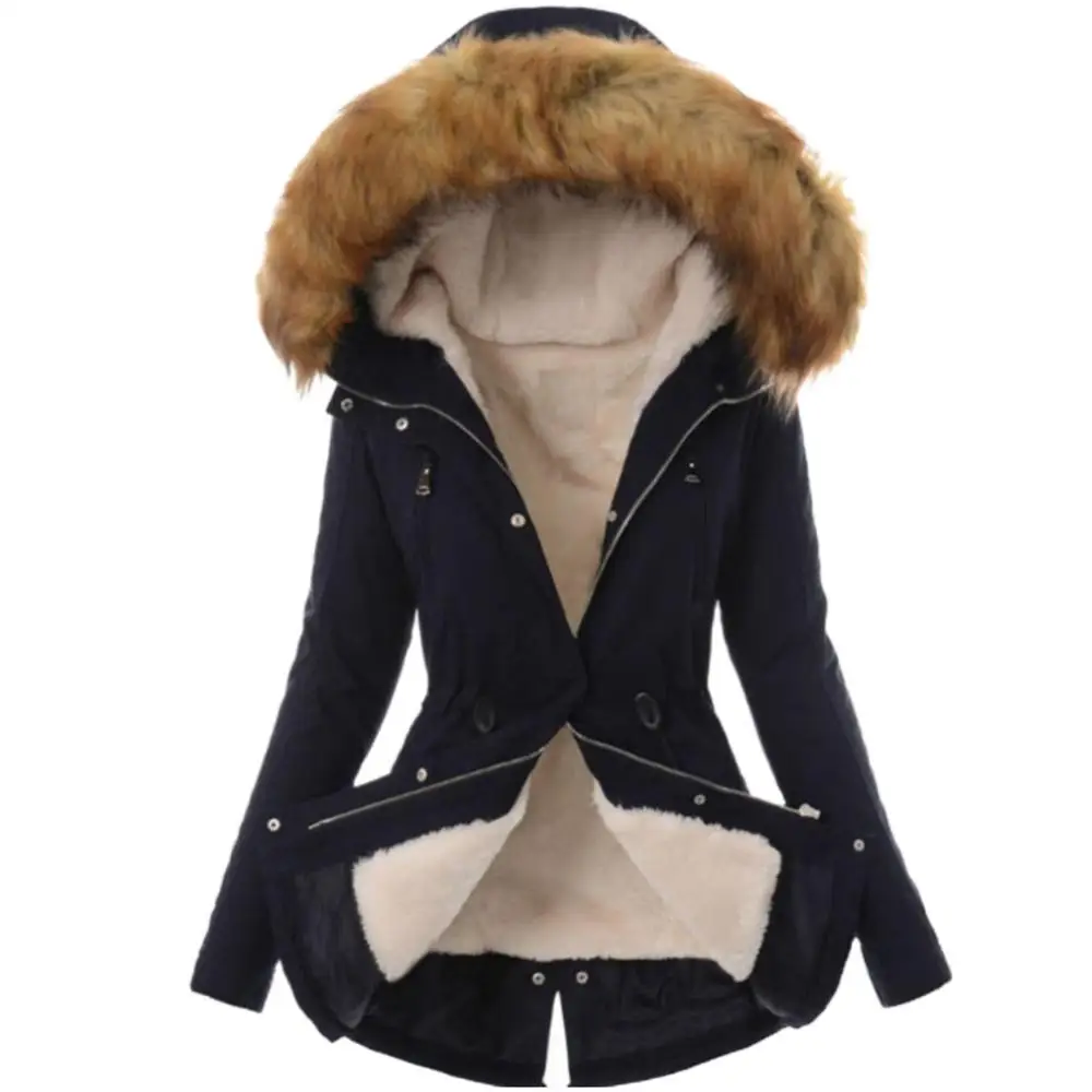 Women Hooded Coat Faux Fur Collar Drawstring Cotton Jacket For Women Cotton Down Jacket Casual Outwear Long Overcoat Winter Coat