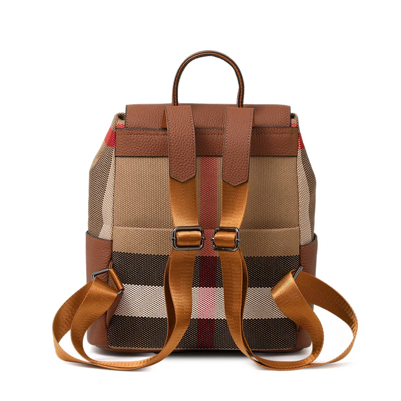 Women's Genuine Cowhide Leather Canvas Plaid Backpack Convertible Shoulder Bag Large Capacity Travel Bag for Daily Use