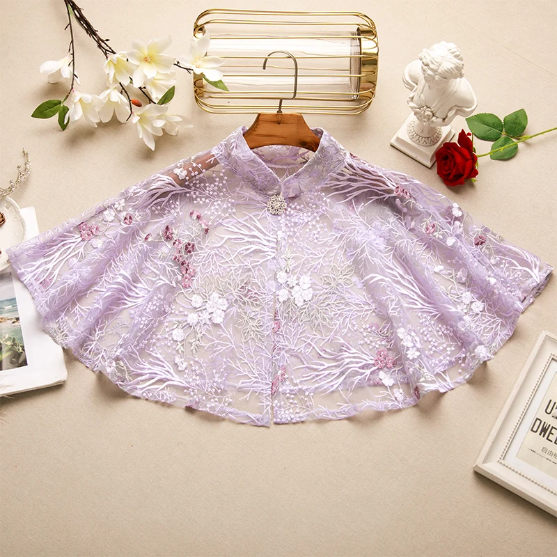 

Women's Spring Summer Flower Embroidery Vintage Mesh Purple Lace Pashmina Female Summer Sunscreen Mesh Shawl Cloak R937