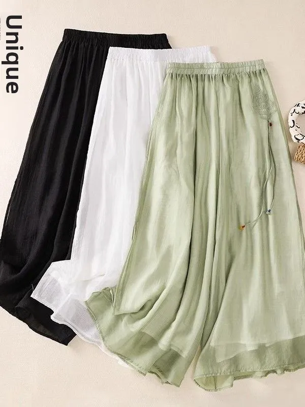 Elegant Embroidered Wide Leg Pants Women's Summer Thin Loose Skirt Pants Fairy Slim High Waist Drape Casual Pants