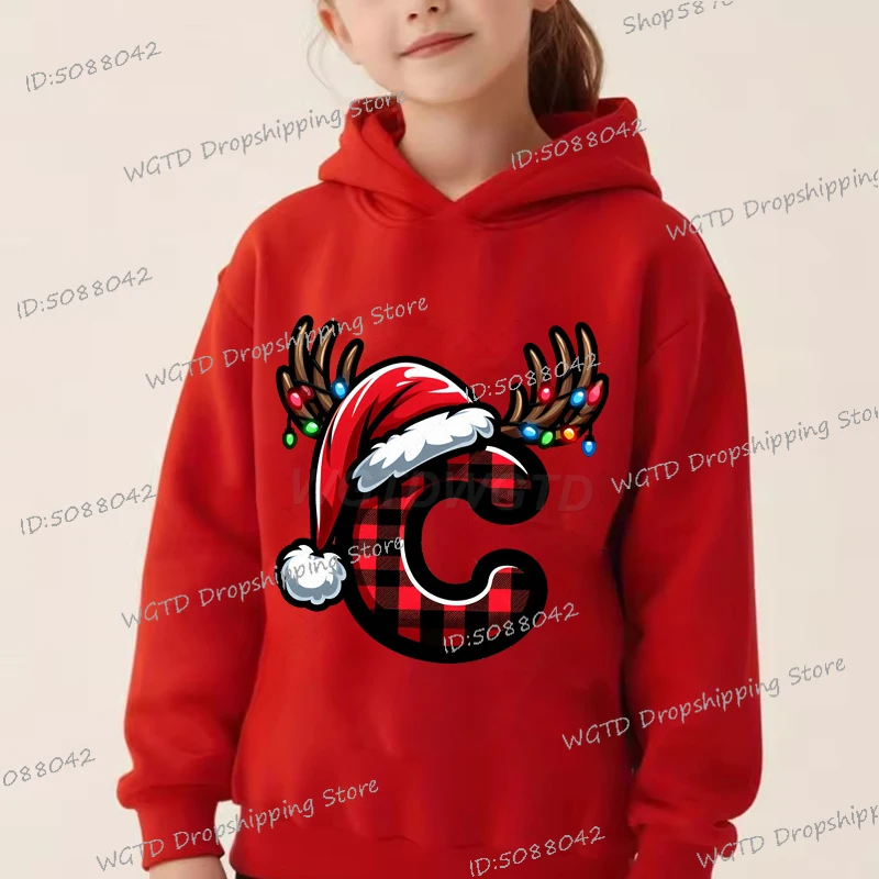 

2025 Christmas Alphabet New Children's Hoodie Fashion Vintage Grid Letters A-Z Sportswear Autumn Winter Boys Girls Xmas Hoody