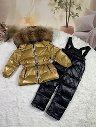 Raccoon fur hood 2024 winter jacket child suit jacket+pant twinset boy & girl ski suits children down jacket outerwear parka