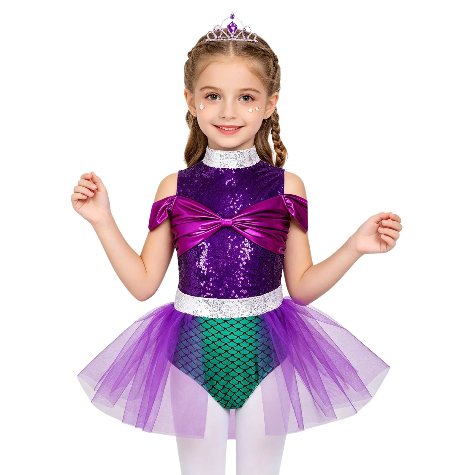 Kids Girls Gymnastics Ballet Leotards Dance Performance Costume Sequin And Bowknot Bodysuit Jumpsuit Attached with Tulle Skirt