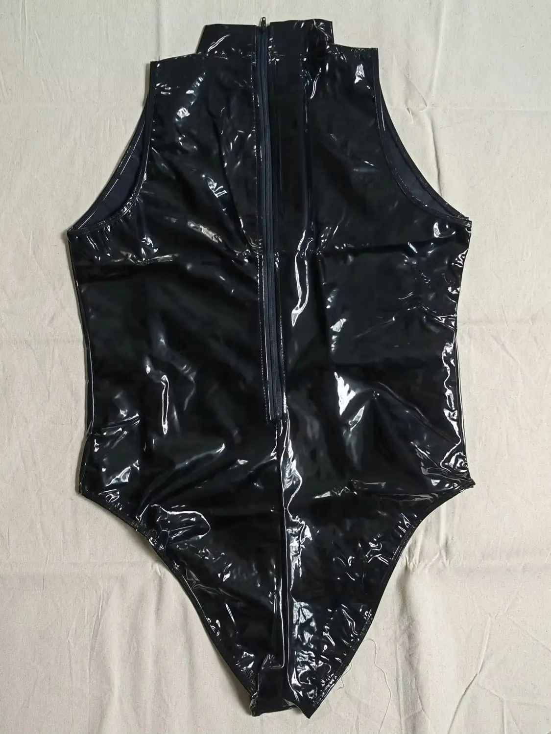 Wet-Look PVC Ärmelloser Catsuit Glänzender PU-Leder Tank-Bodysuit Strumpfhose High-Cut Sukumizu Badeanzug Body Teddies Leotard Unitard