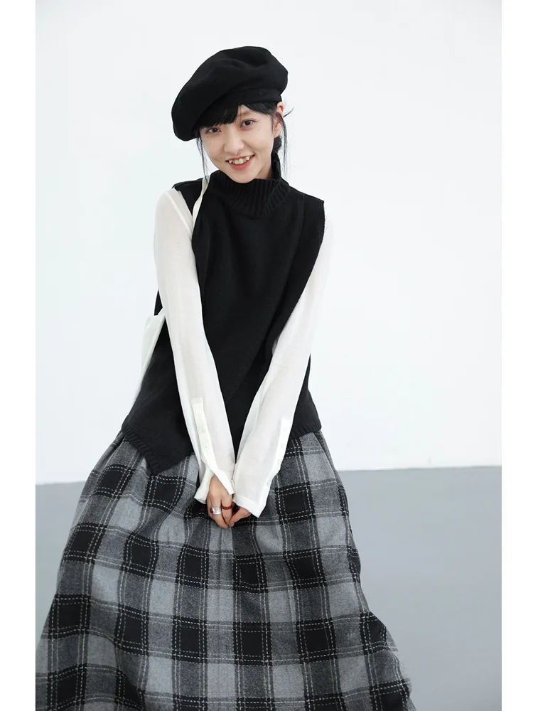 

Women's High Collar Wool Vest 00% Wool Front Ba Two-Way Wear Autumn Faion Korean Casual Sle Open Split H-ape Vest