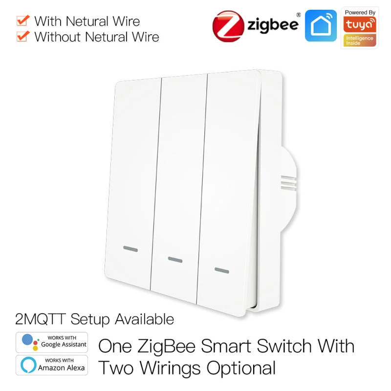 Tuya ZigBee Smart Wall Light Switch With/without Neutral Wire No Capacitor Needed Smart Life 2/3 Way, Alexa Google Home 2mqtt