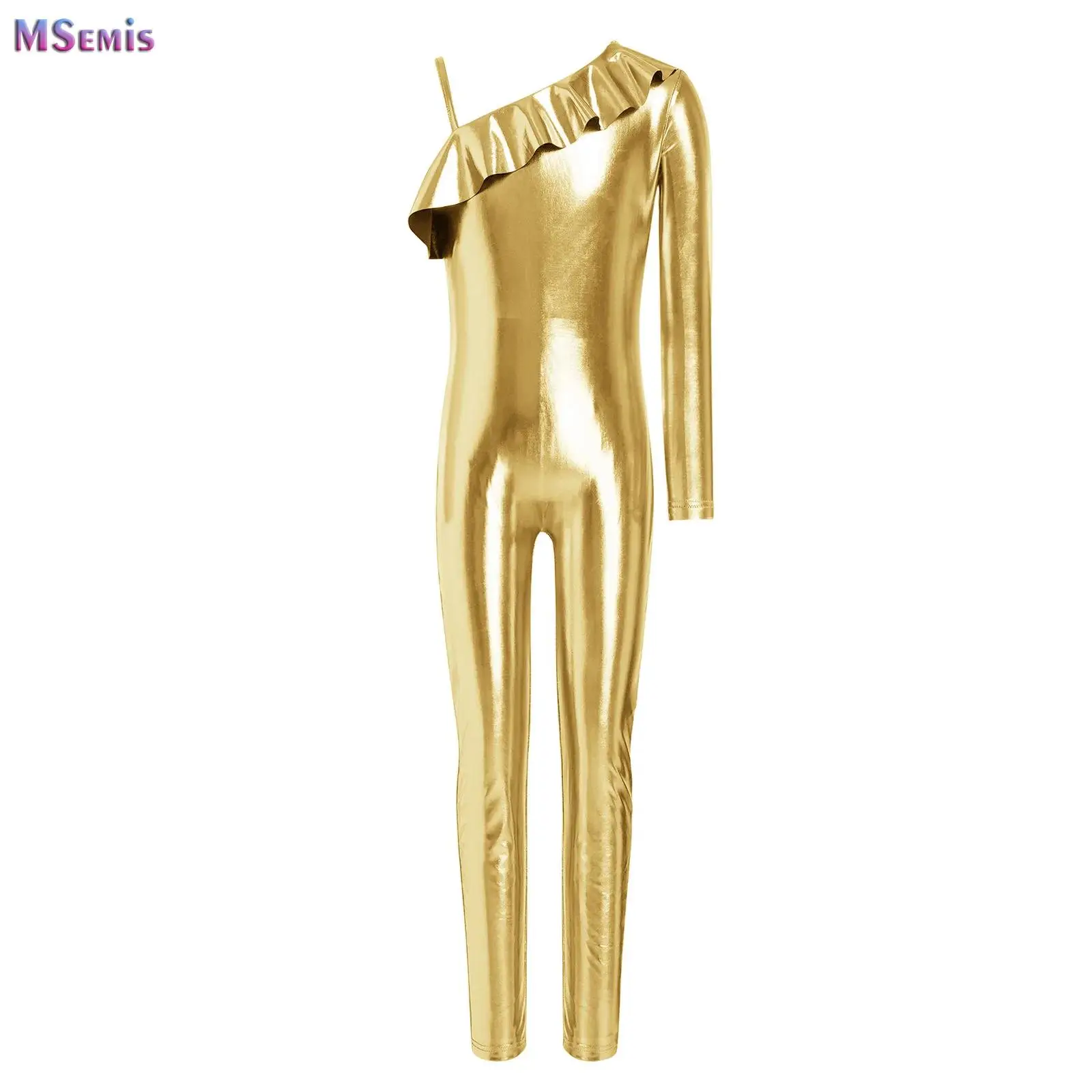 

6-16Y Girls Ruffle Metallic Jumpsuit Gymnastics Leotard One Shoulder Metallic Dance Jumpsuit for Ballet Skating Acrobatics Yoga