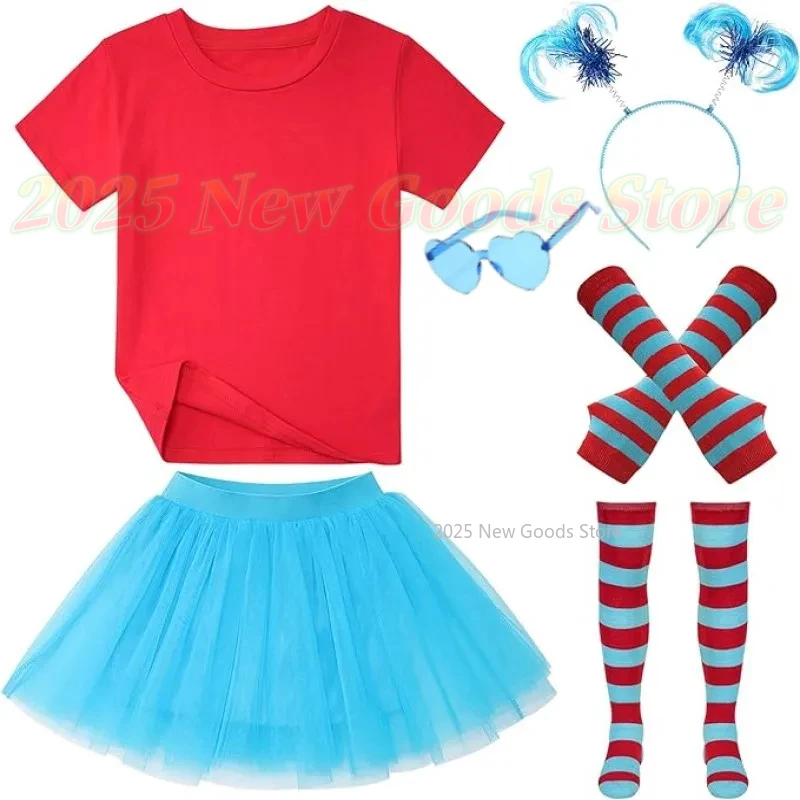 

Girls Halloween Costumes Dr. Seuss Outfits Accessories Red Shirts Blue Tutu Skirt Headband Gloves Socks