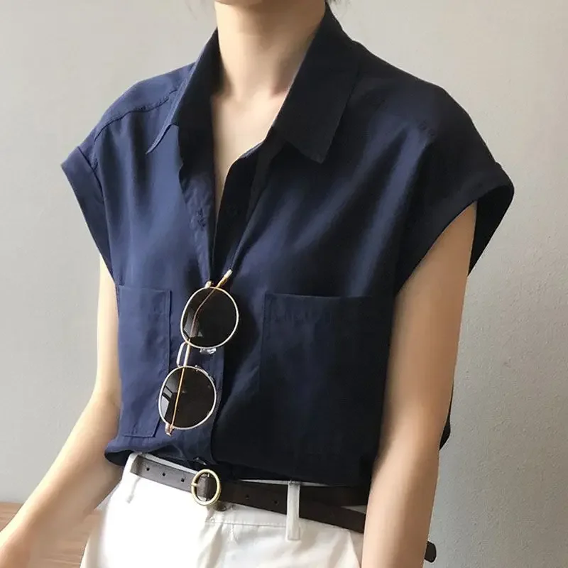 Pure Cotton Solid Color Double Pockets Women's Shirt in Summer New Casual Simplicity Retro Short Sleeved Shirt Top for Women