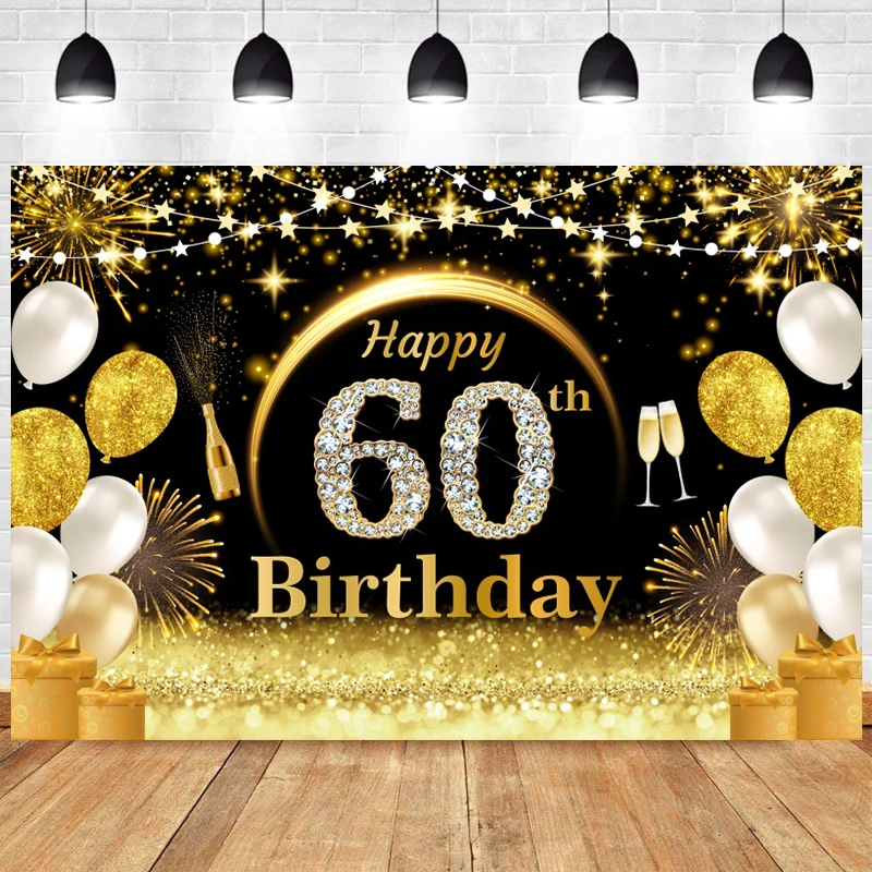 60th Backdrop 60 Years Birthday Party Theme Decorations for Man Woman Anniversary Banner Black Gold Glitter Photo Background