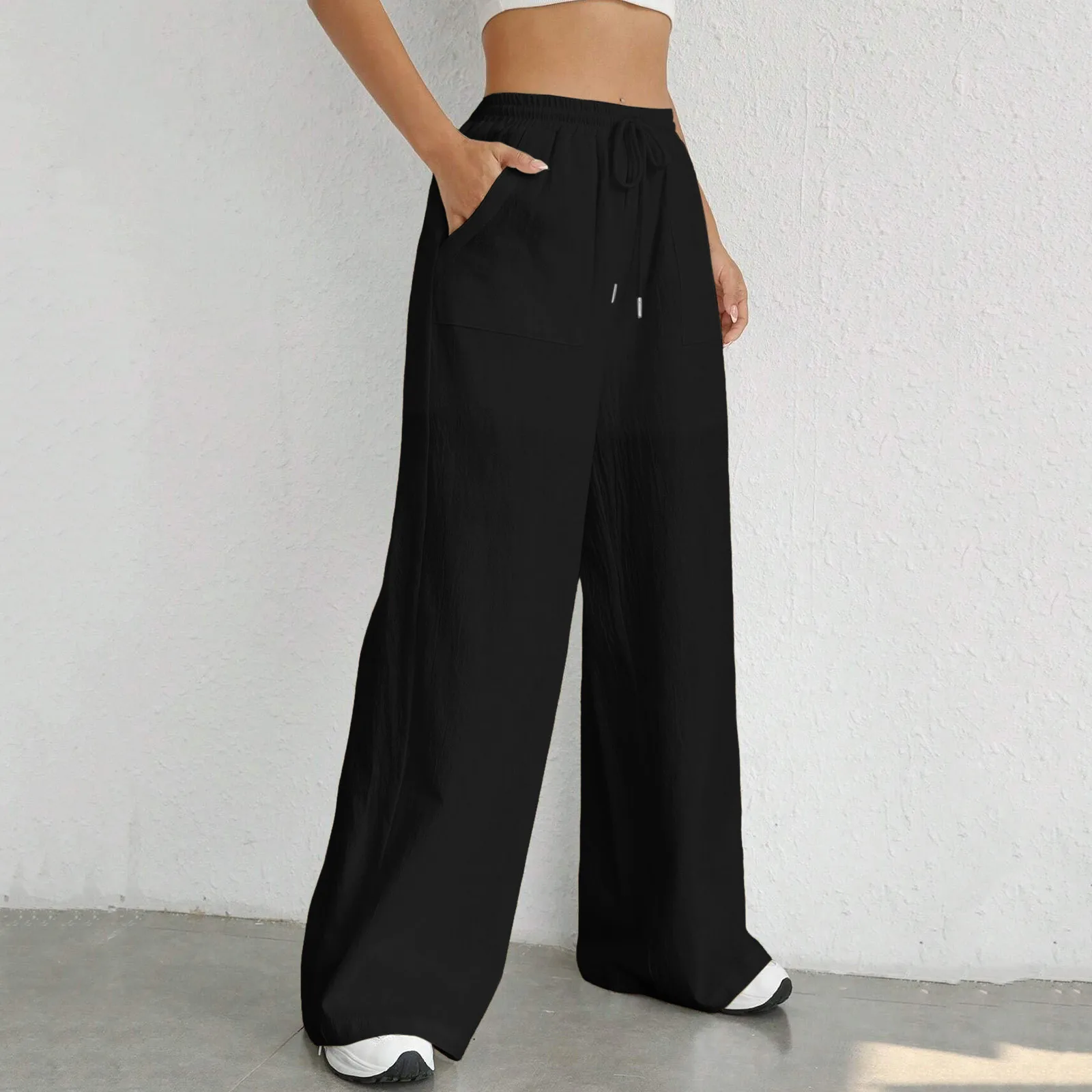 

Women'S Imitation Cotton Hemp Tight Waist Wide Leg Pants Solid Color Loose Casual Sports Pants Elegant Fashion All Straight Pant