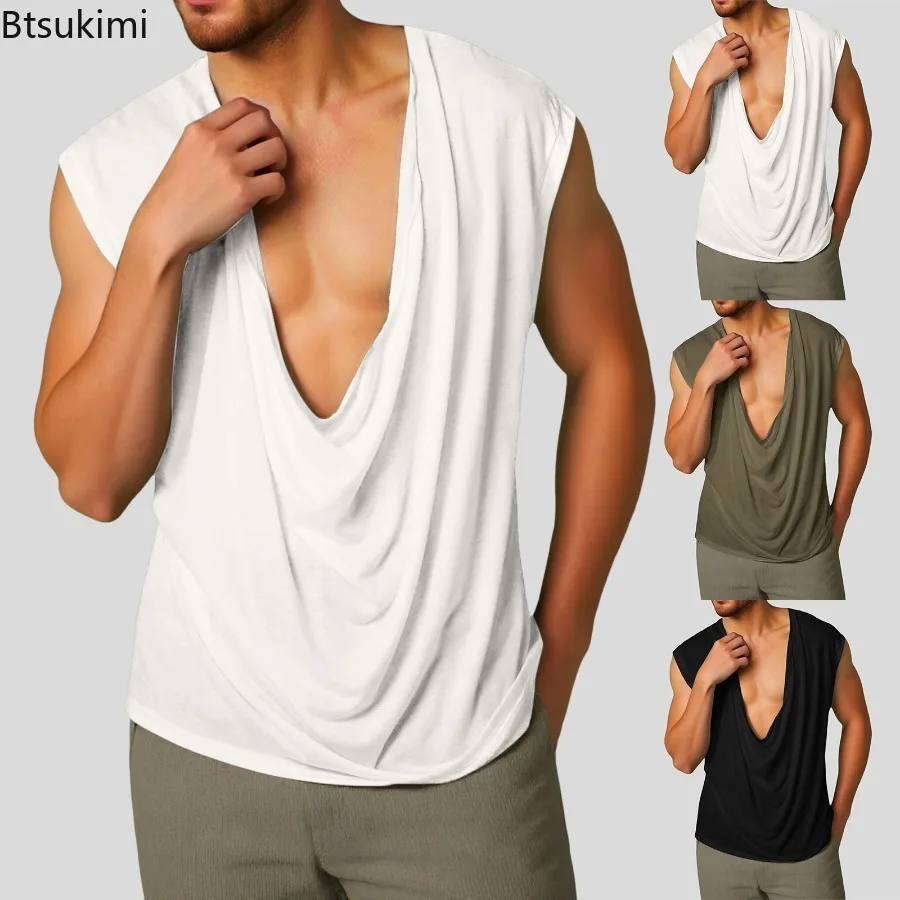 

Popular Big V-neck Men's Gym Clothing Street Tank Tops Summer Leisure Sleeveless Tops Loose Comfortable Male Bodybuilding Vest