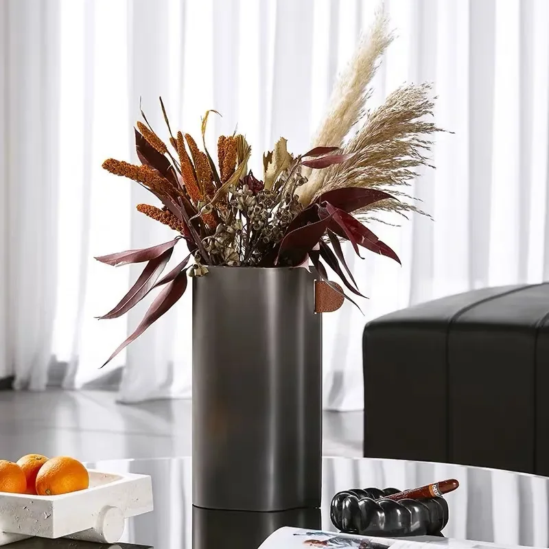 Simple light luxury black leather metal flower ware model room sales center counter home decoration vase ornament
