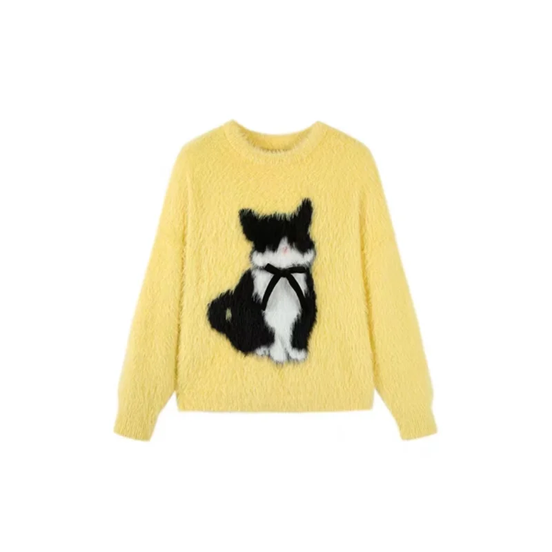 Pullovers Women Fun Cat Pattern Bow Design Japanese Style Oversized Knitted Sweaters Autumn Loose Couples Chic Sweet Soft Tops