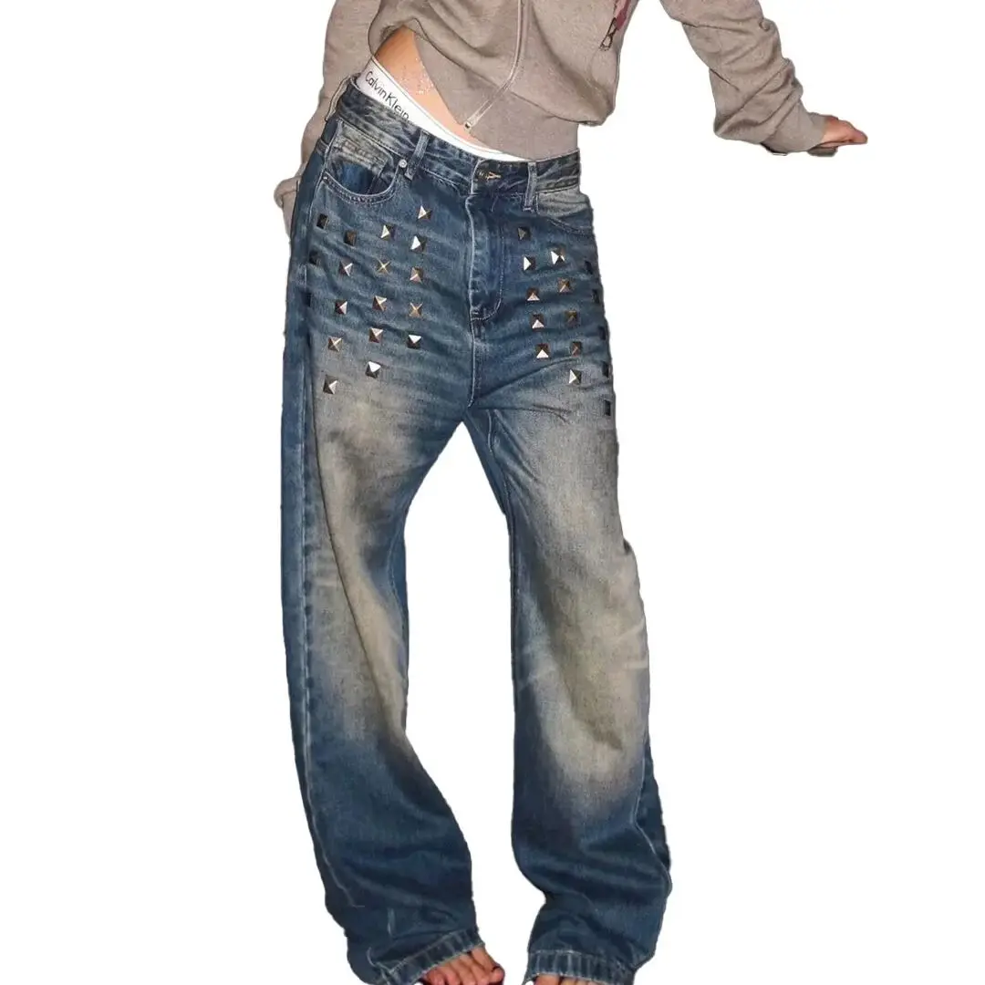 

Middle Waist Retro Distred American High Street Jeans For Women's Wide Leg Length Pants With Rivet Denim Pants Y2K Fashion Jeans