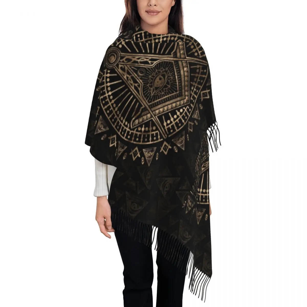 Stylish Freemasonry Symbol Tassel Scarf Women Winter Fall Warm Shawls Wraps Female Mason Scarves