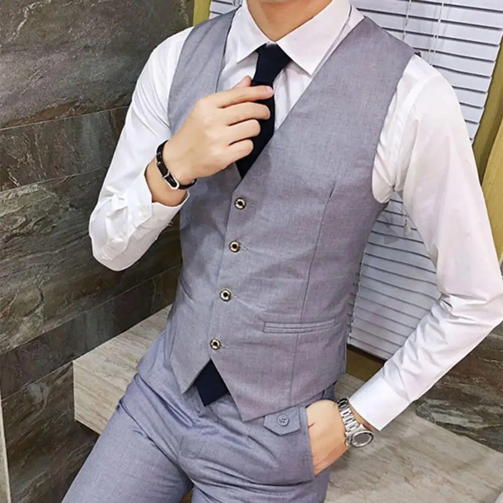 Fashion Men Vests Waistcoat Solid Color V Neck Sleeveless Buttons Blazer Plus Size Formal Business Jacket Vests Chaleco Hombre