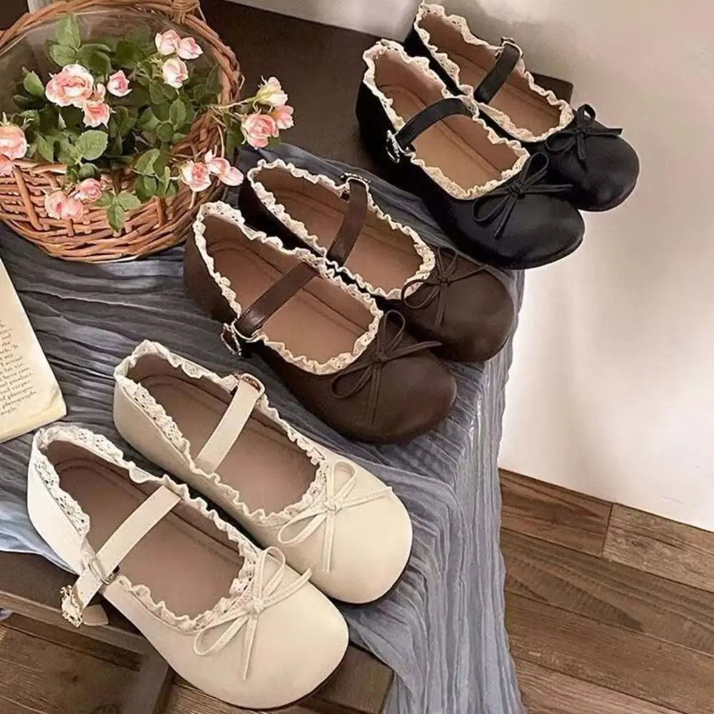 Elegant PU Leather JK Flat Shoes Lace Ruffled Sweet Casual Ballet Flats Soft Sole Bow Slip On Loafers Summer Autumn