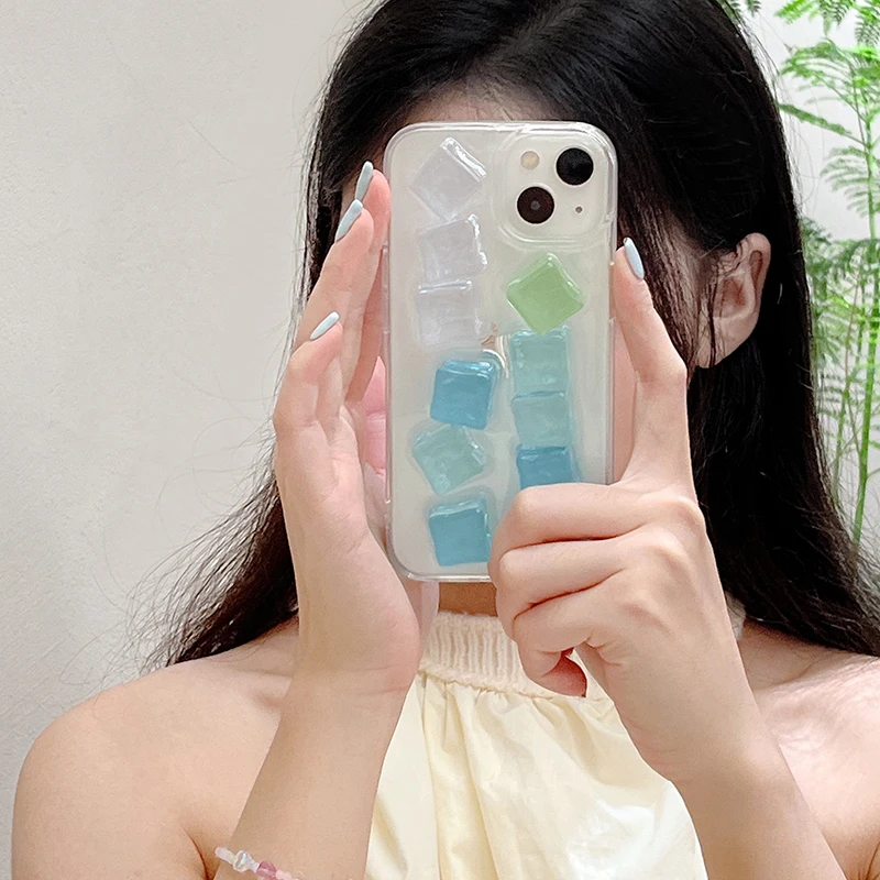 INS 3DกรอบBlue Ice Cubeเคสโทรศัพท์สําหรับIPhone 16 15 14 13 12 11 Pro Max Plus Coolป้องกันSoft Anti-Dropกลับกรณี