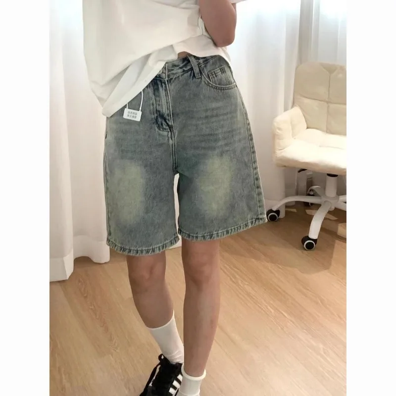 American Retro Washed Loose Straight Denim Five-point Pants Womens Summer New High-waisted and Thin Wide-leg Shorts Medium Pants