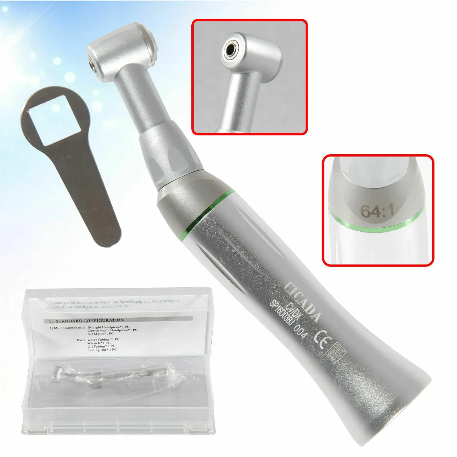 NSK Style Dental 64:1 Reduction Contra Angle Handpiece Push Button Turbine for Implant Endo