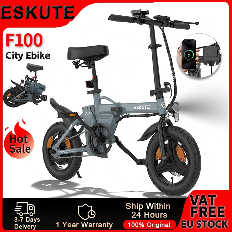 Vélo électrique pliable pour adultes ESKUTE F200, moteur 250W, 36V 7.8AH, 25 km/h, vélo électrique avec pneus de 14 pouces, pour les trajets urbains