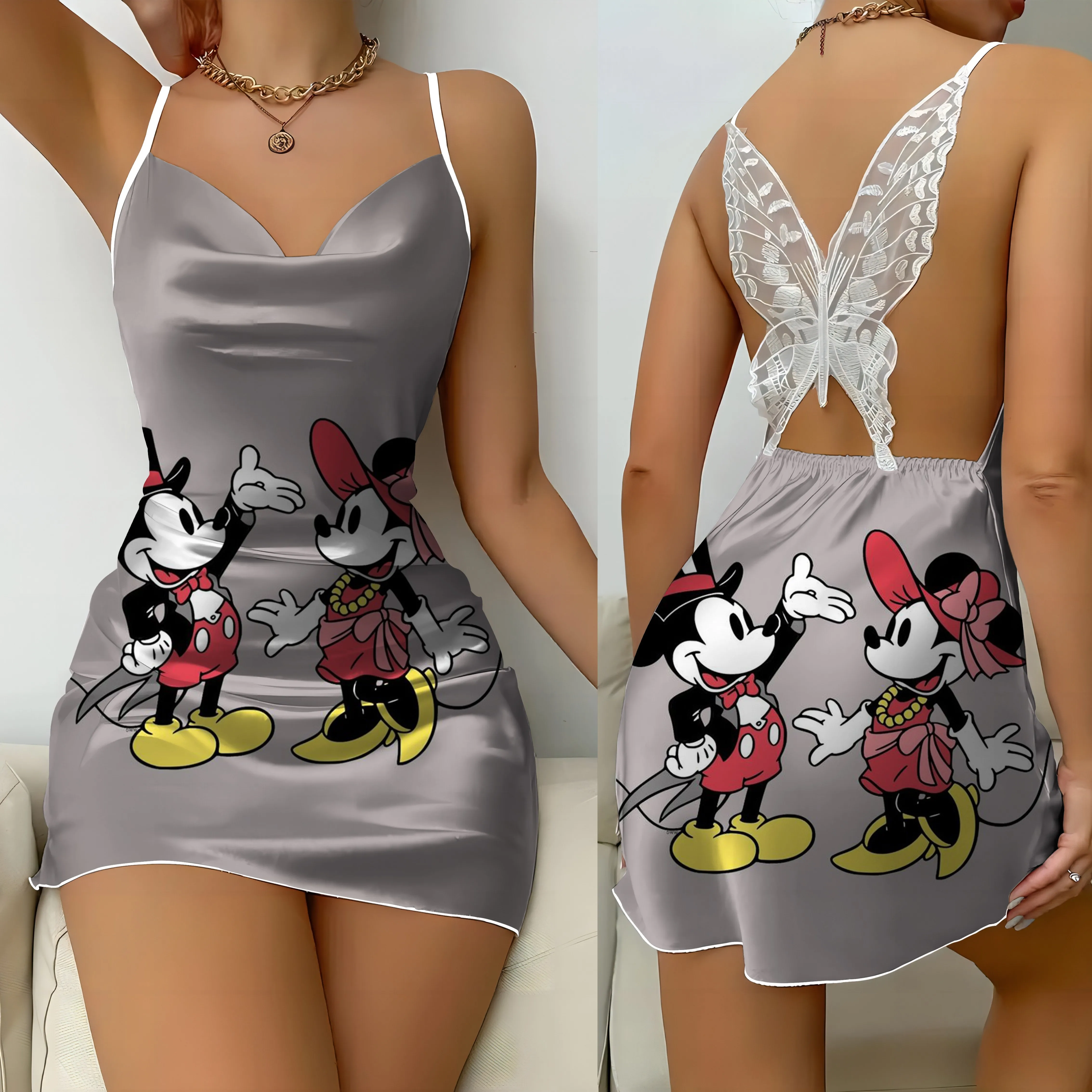 Disney-Robe dos nu avec nœud papillon pour femme, robe sexy Minnie Mouse, jupe pyjama, surface en satin, mode femme, mini robe de soirée, été 2024