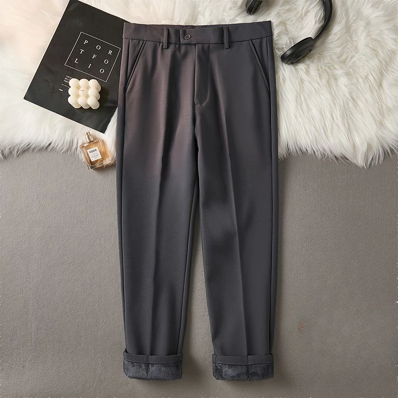 Men's Winter Fleece Lined Straight Leg Dress Pants Cropped Draped Casual Trousers Luxury Style Warm Thick Long Pants