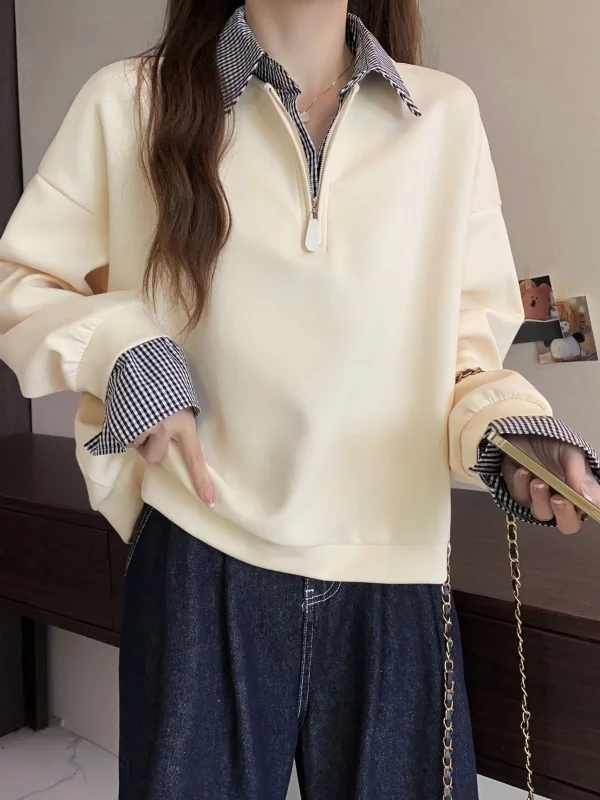 

Plaid Patchwork Long Sve Sweatirt Loose Collar Autumn Winter plus Size Women's Clothing Versatile Top Faionable S...