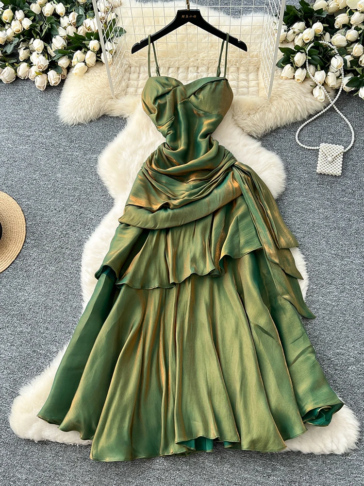 

Женское летнее платье во французском стиле с сказочным дизайном и квадратным вырезом без бретелек, плиссированная талия, платье с краем листьев лотоса, Vestidos DS147