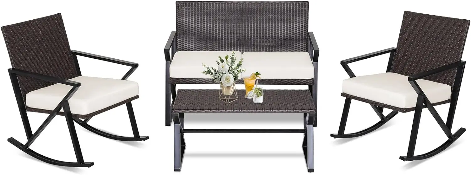 4-delige Patio Schommelende Meubelset, Zware Pe Rieten Loveseat Met 2 Schommelstoelen En 1 Salontafel, Outdoor Rotan Set