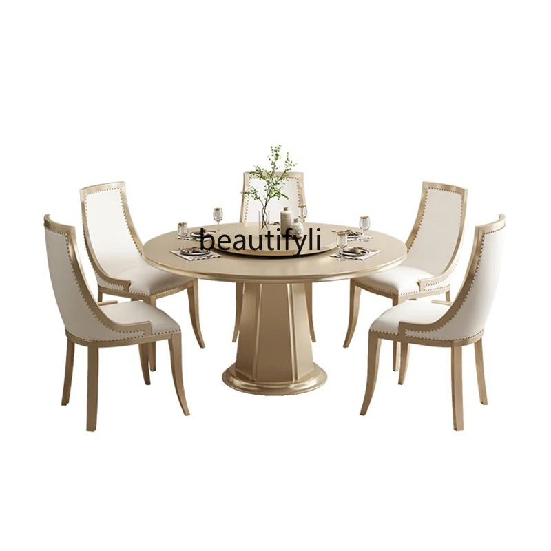 

American all-solid wood light luxury modern round leather dining table and chairs, simple luxury home dining table