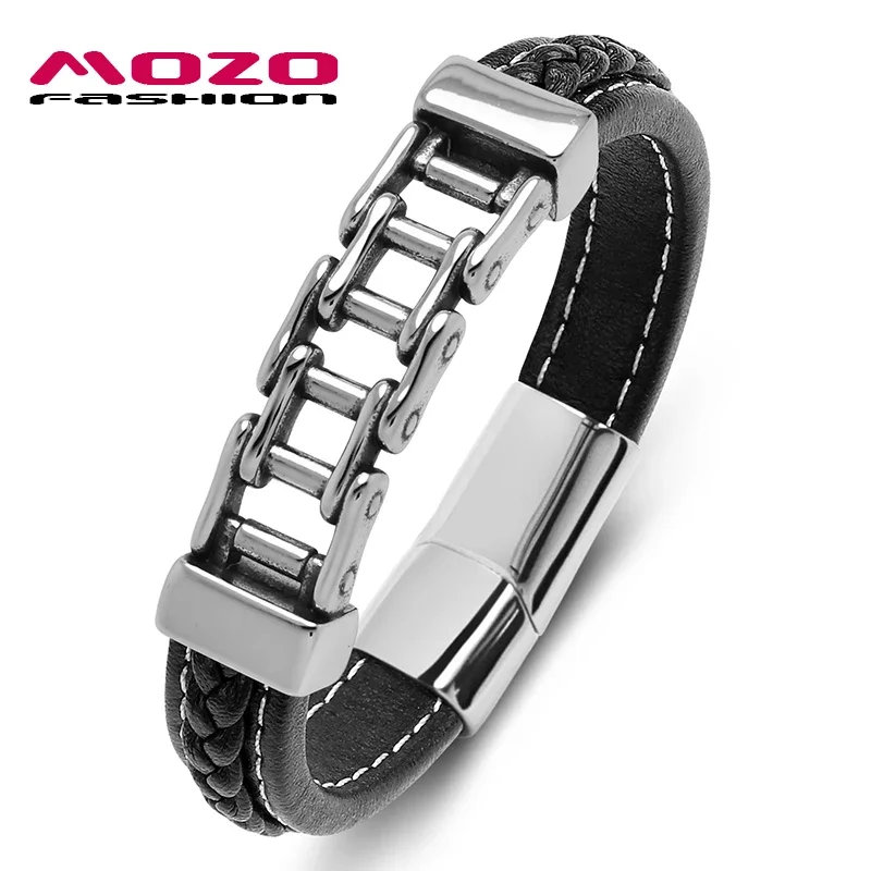 

Leather Bracelet for Men, Stainless Steel Charm, Bicycle Chain, Punk, Multi Color, Boy Accessories Gifts, Trendy Bangle, Fashion