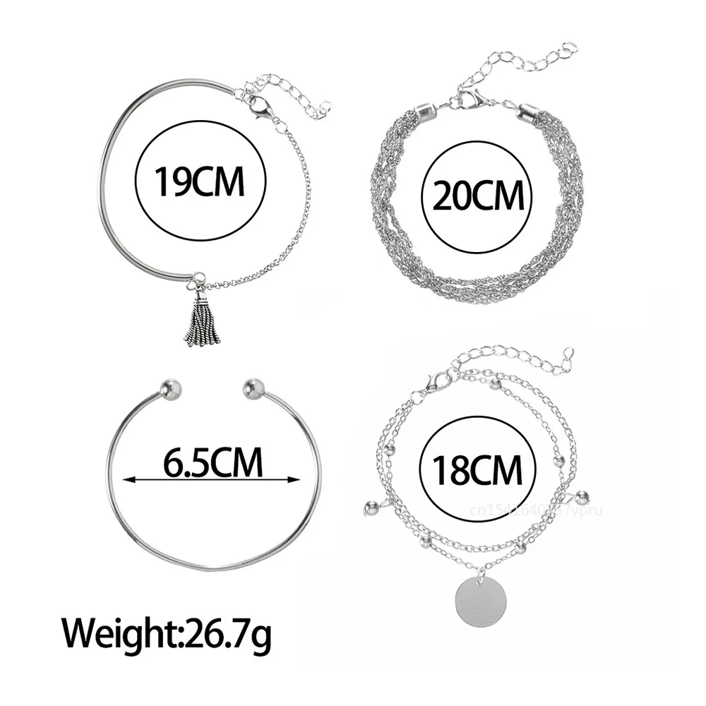 4PCS Set Vintage Silver Color Tassel Bracelet for Women Charm MultiLayer Stainless Steel Chain Bangles Party Jewelry Punk Gift