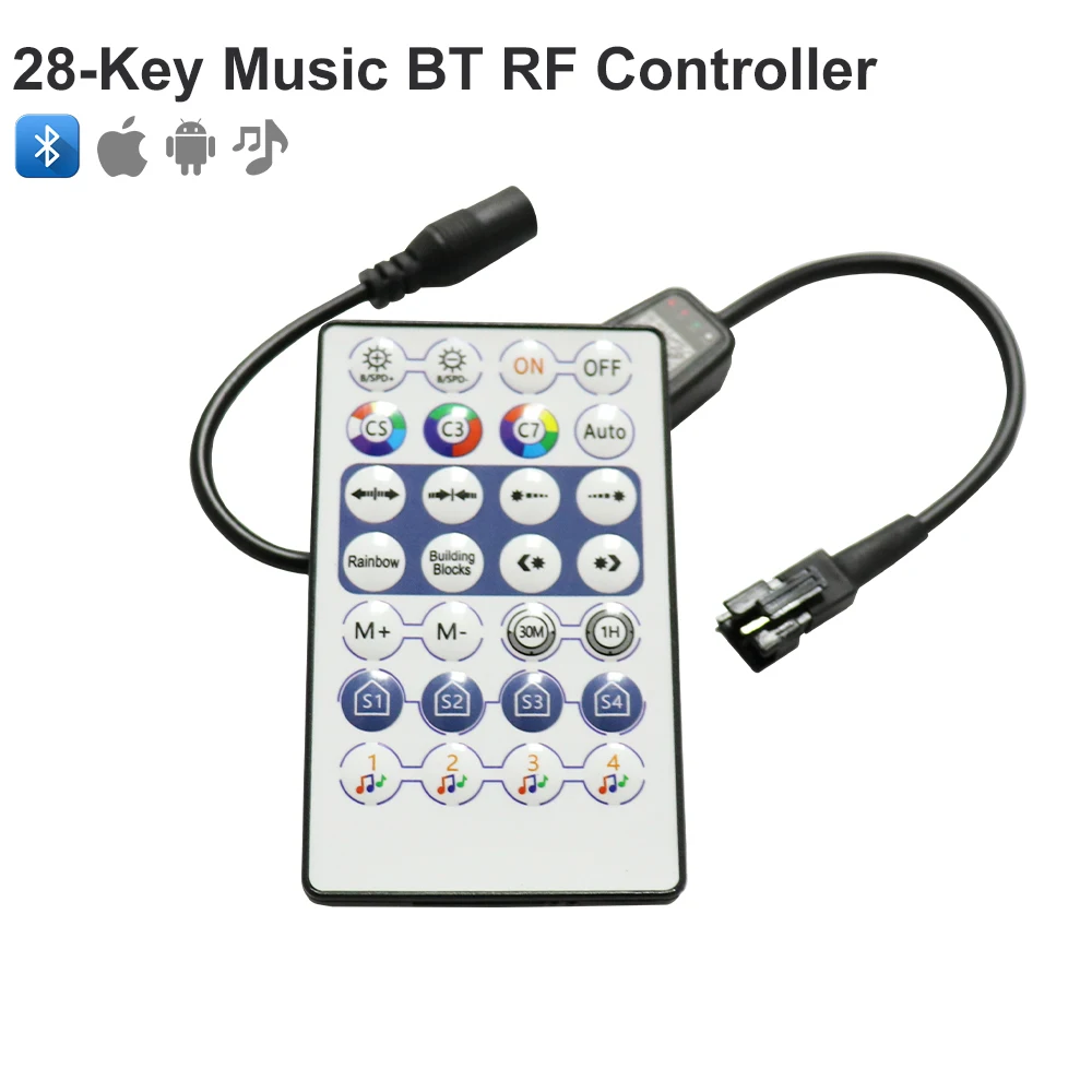 Nova ws2812b led pixel controlador bluetooth música com microfone 28key remoto para ws2812 sk6812 ws2811 luz de tira endereçável DC5-24V