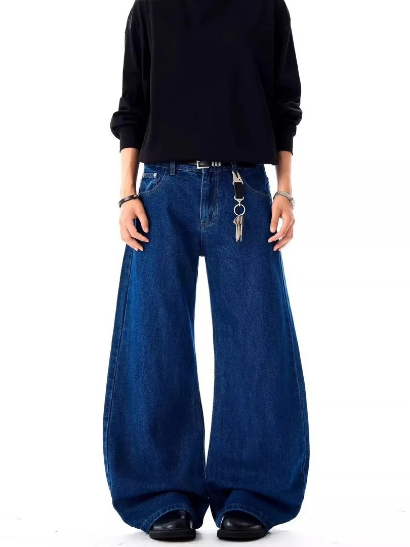 Calças Jeans Americanas Retrô Azul Profundo com Corte Curvo, Unissex, de Perna Larga com Caimento Sensual e Elegante, Estilo ...