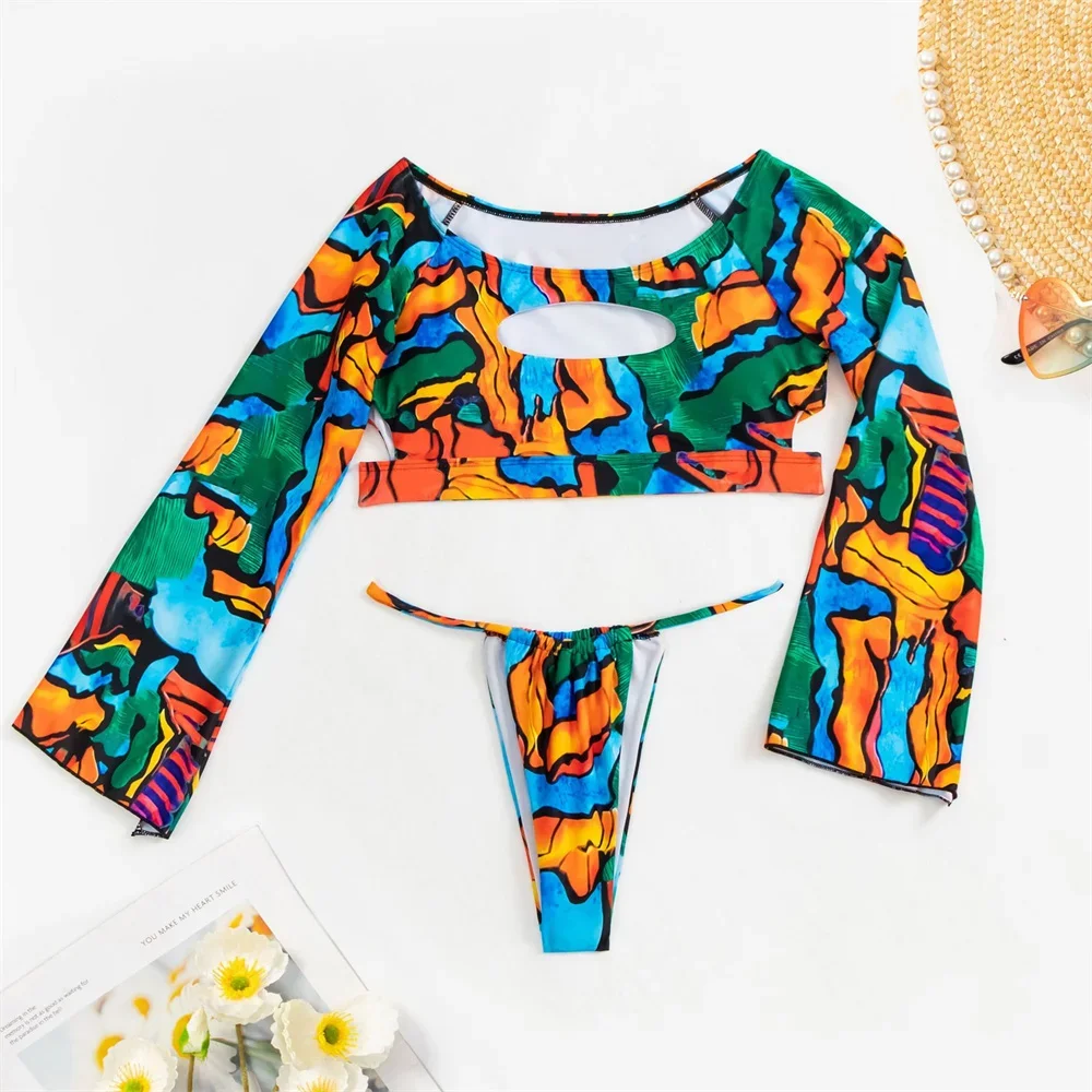 Kawaii Print Bikini Long Sleeve Y2K Crop Top Hollow Out Swimwear Micro Tangas Split Swimsuit Brazilian Beach Women Bathing Suits