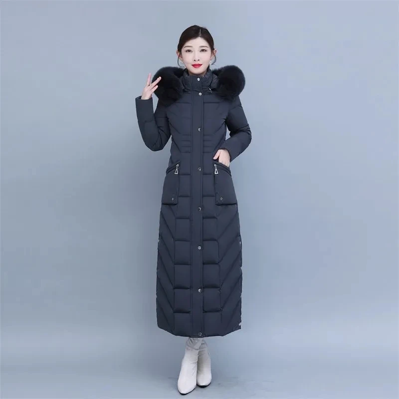 True Fox Fur Collar Fashion Down  Female  Winter New Temperament Super-long Knee-to-ankle Warm White Duck Down Winter Coat