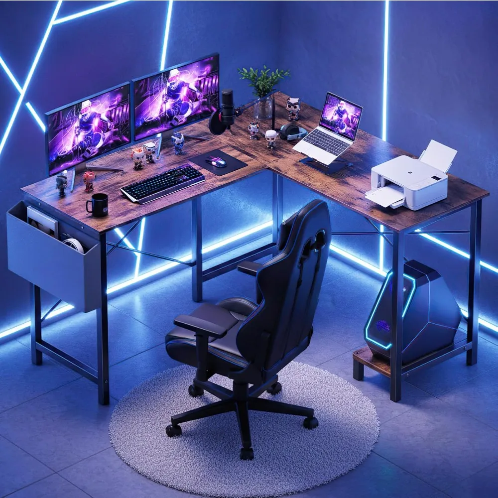 مكتب على شكل حرف L مقاس 50 بوصة للمكتب المنزلي والألعاب والدراسة مع رف تخزين جانبي