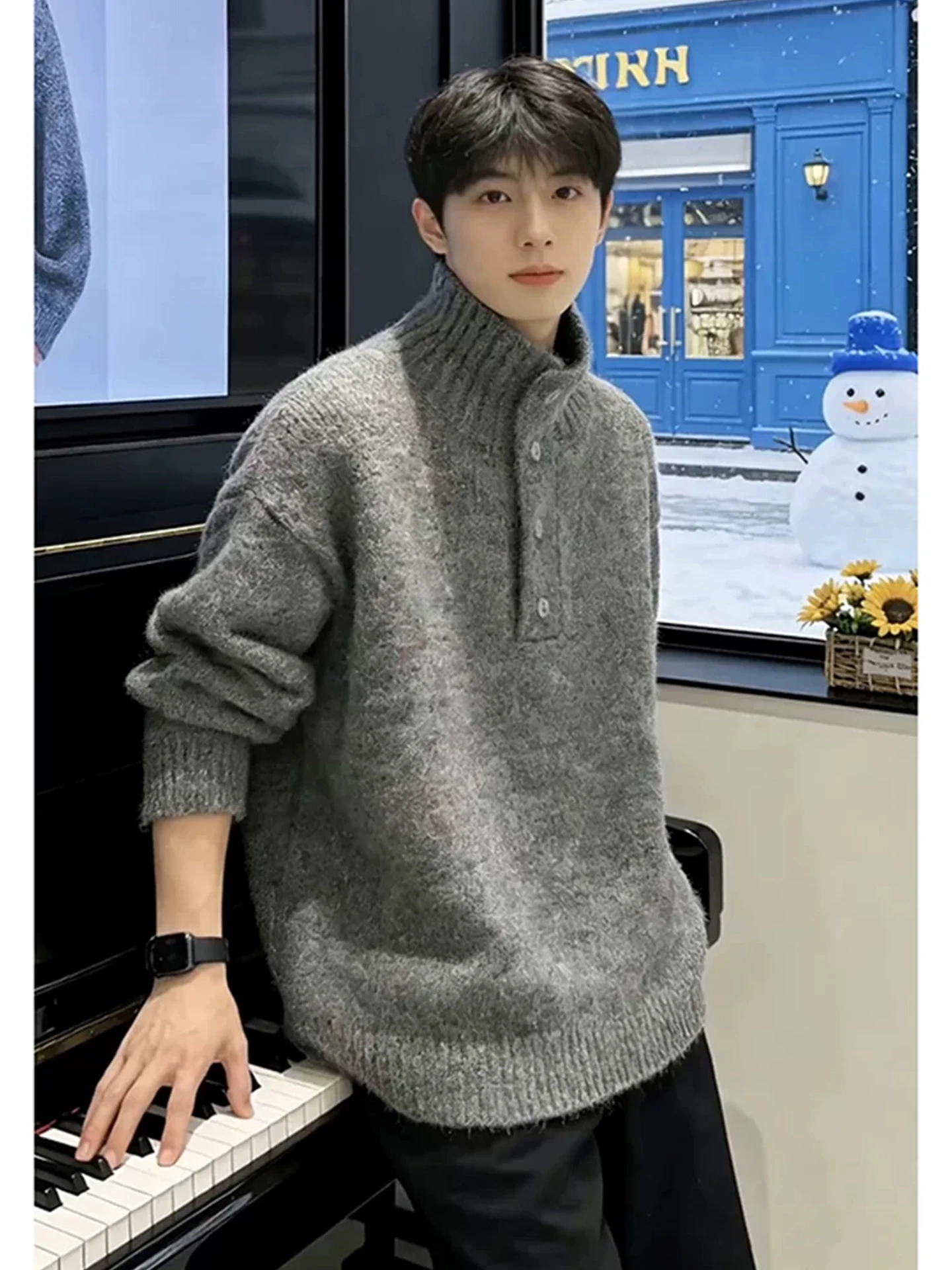 

Серый мужской вязаный свитер с высоким воротником, зимняя утепленная рубашка с воротником-хенли, комфортная свободная модель в повседневном стиле